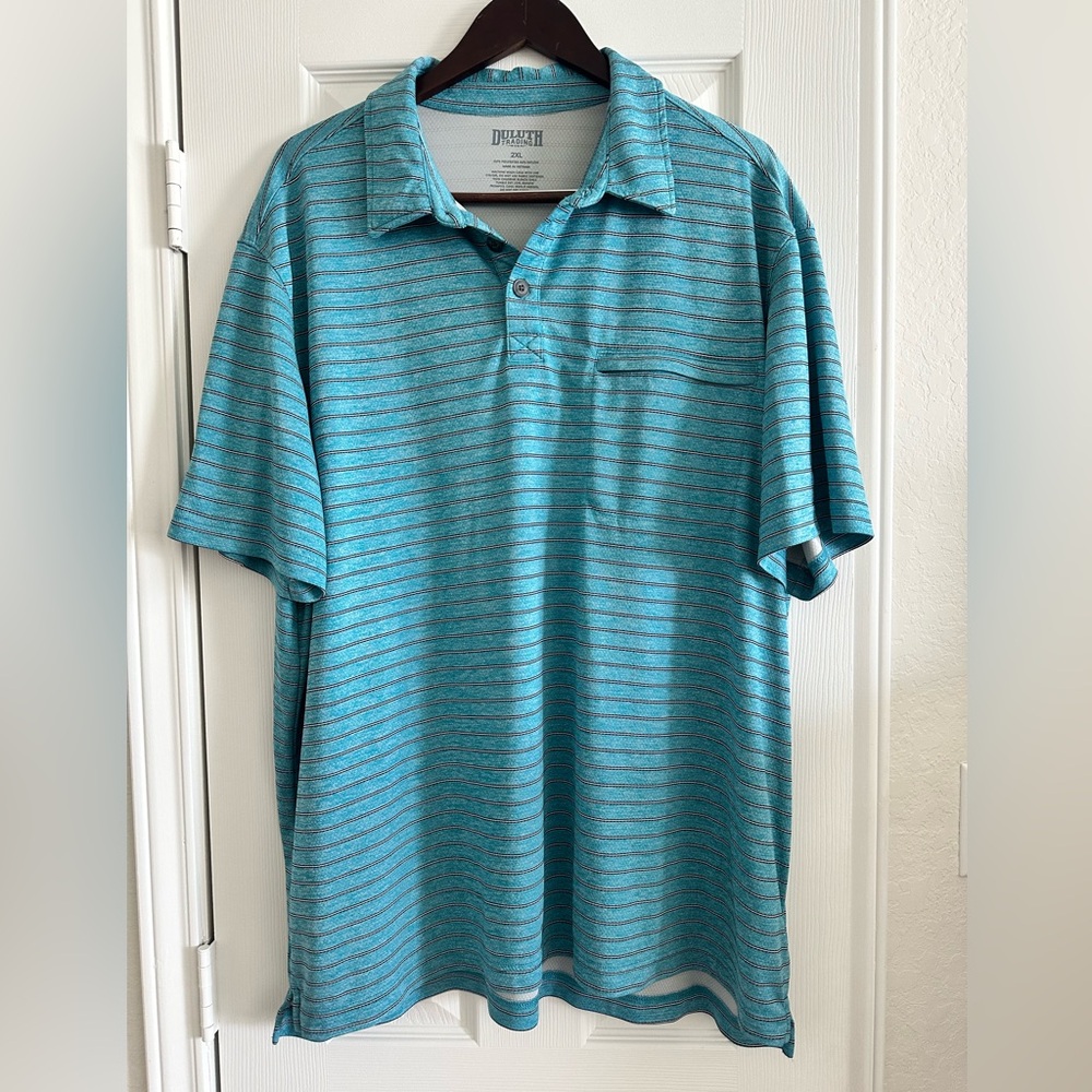 Duluth Trading Co. Men's Teal Short Sleeve Striped Polo Shirt, 2XL, Nylon Blend